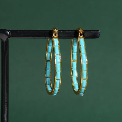 U Shape Hoop Earrings Inlaid Square Shape Synthetic Gems Fashion Piercing Earrings Jewelry 1 Pair