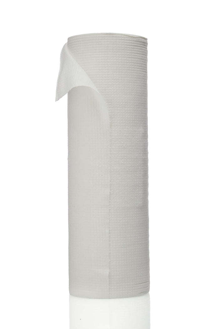 Cloth towel roll with label, light gray fabric, neatly wrapped with folded edge
