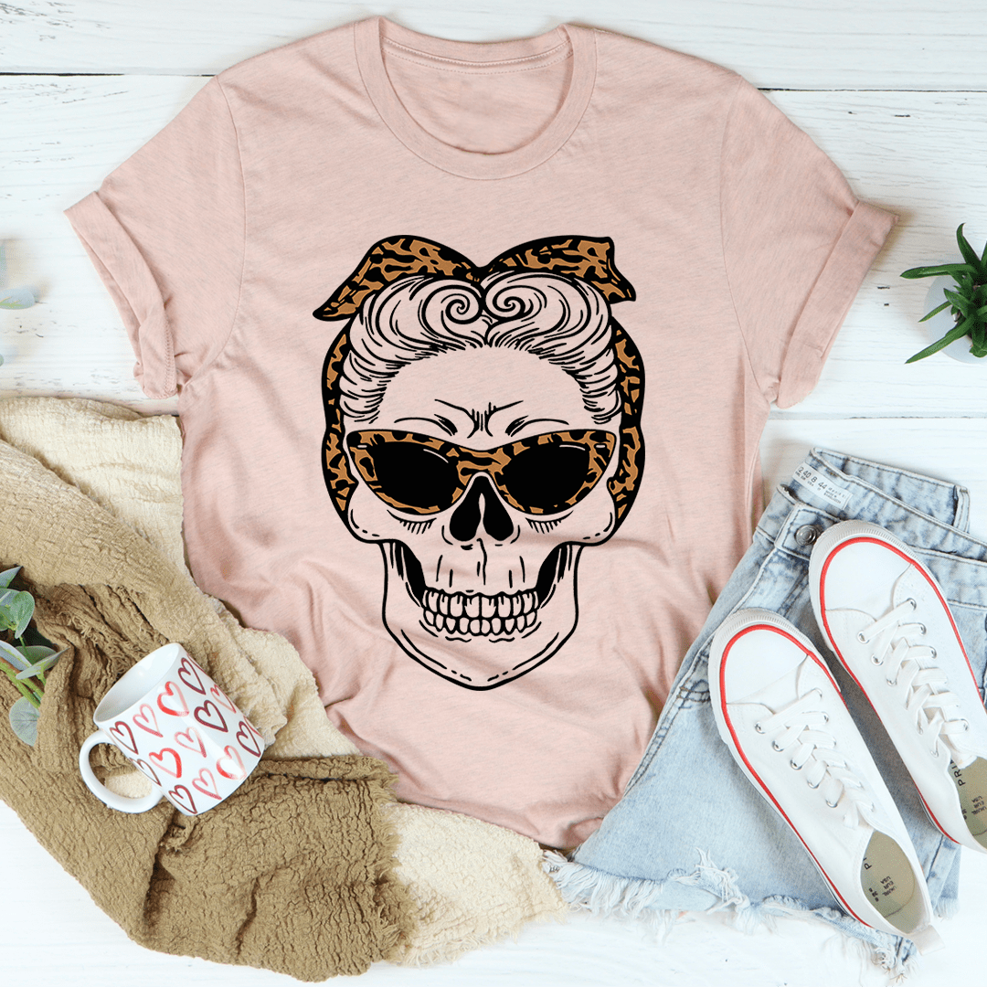Mauve crew-neck T-shirt with leopard bandana skull front print