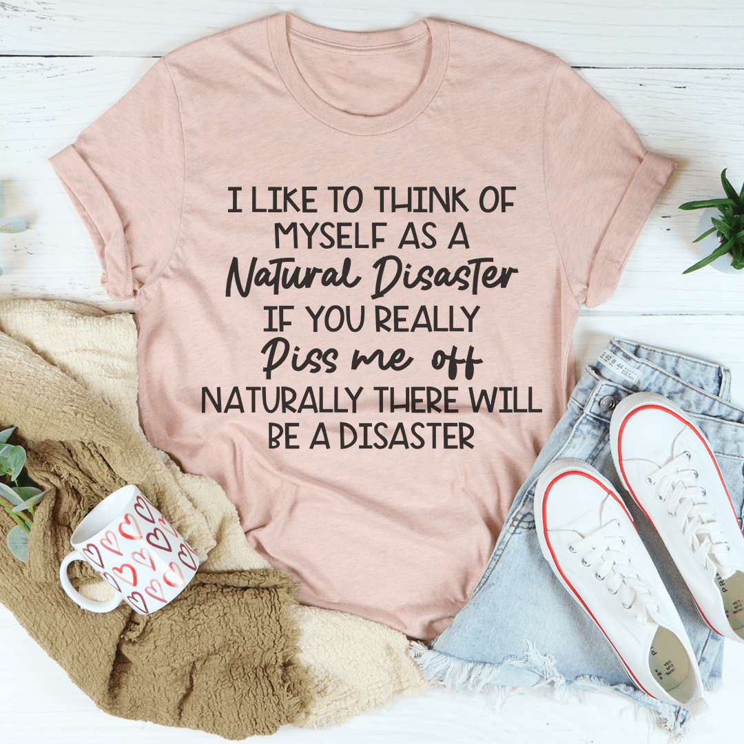 Heather peach crewneck T-shirt with 'Natural Disaster' slogan graphic