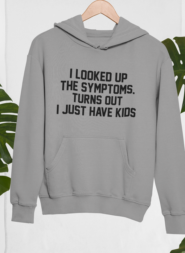 Kids hoodie in athletic heather gray with bold printed message and front kangaroo pocket