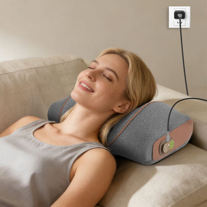 Dark grey neck massager pillow with tan control panel