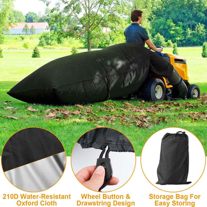 Black fabric lawn mower leaf bag with drawstring top and storage bag