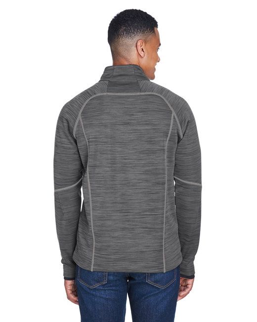 Men's bonded fleece jacket, heather gray, back view with stitched yoke and sleeve seams.