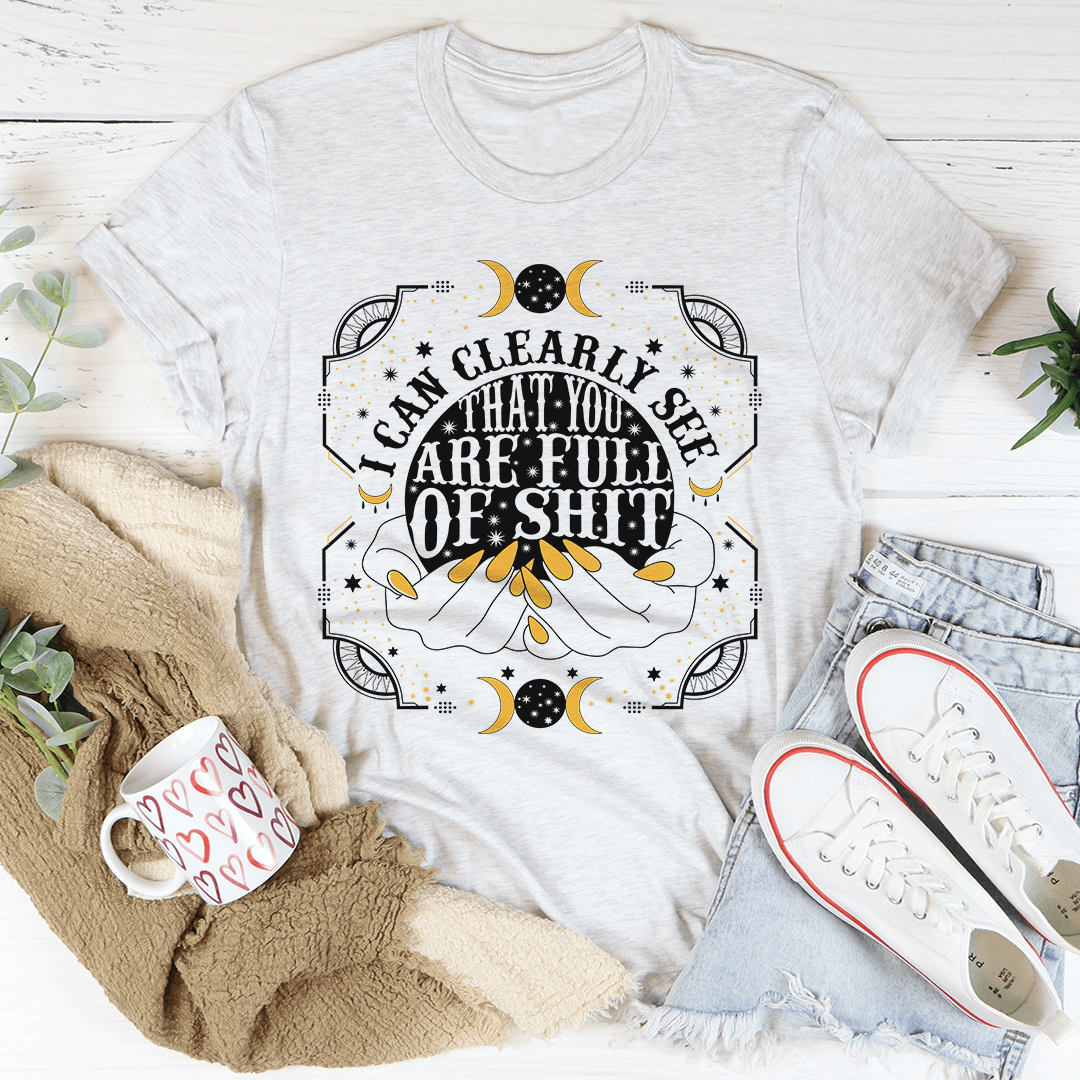 White crewneck graphic T-shirt with bold center text and moon icons