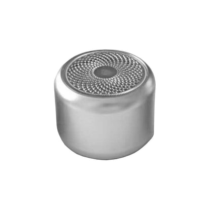 Pocket Bluetooth speaker, silver cylinder with circular metal speaker grille on top