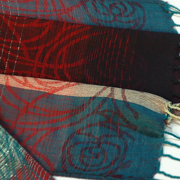 Blancho Bedding pashmina shawl fabric with teal, red, and cream woven scroll pattern