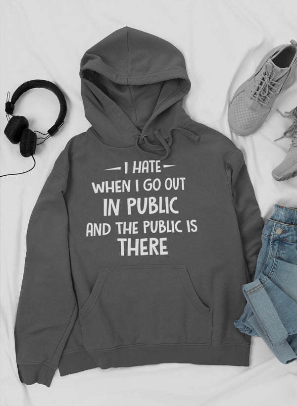 Dark grey hoodie with front pocket and centered white slogan graphic on chest