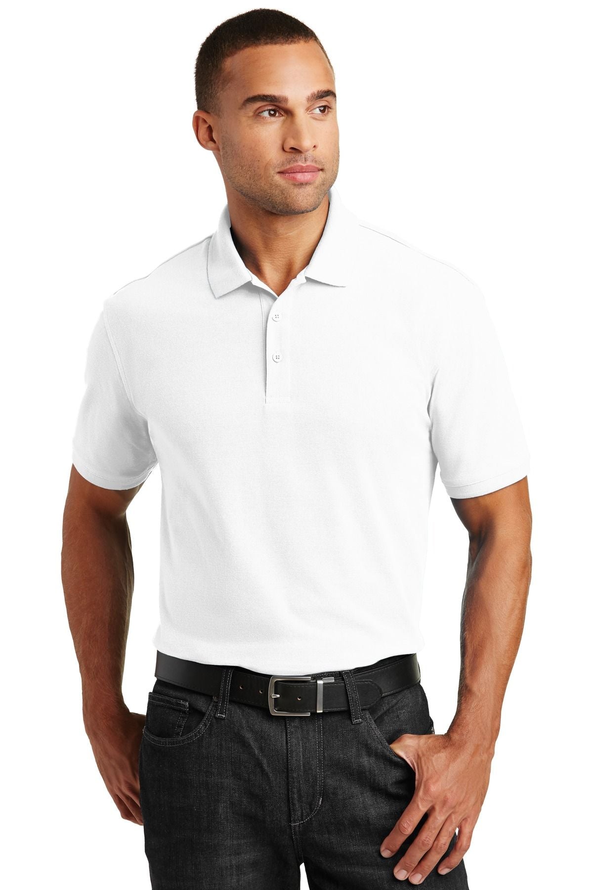 White pique polo shirt with button placket and collar