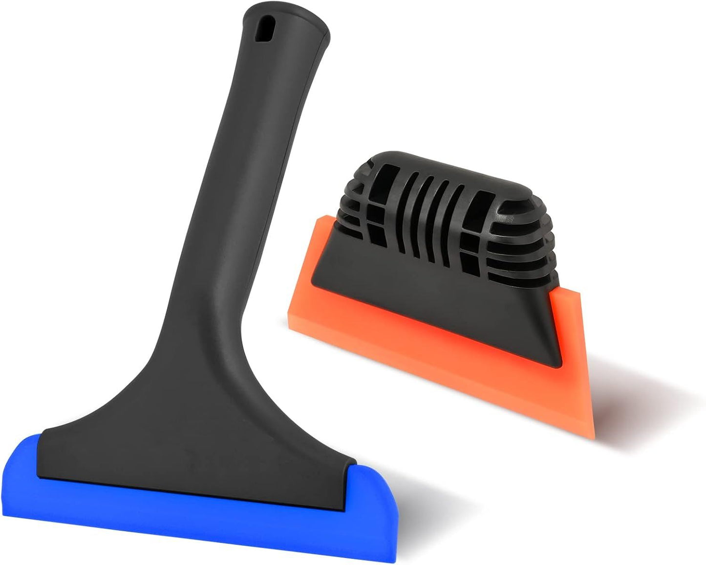 Handheld window squeegee with black handle, blue rubber edge, orange blade