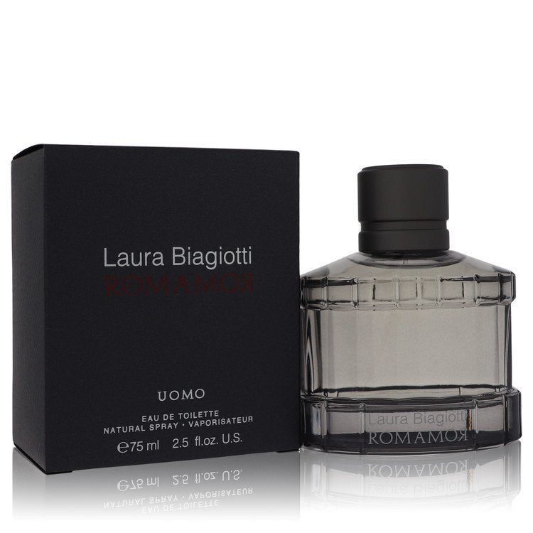 Men's eau de toilette spray bottle with black cap and box, ROMAMOR by Laura Biagiotti