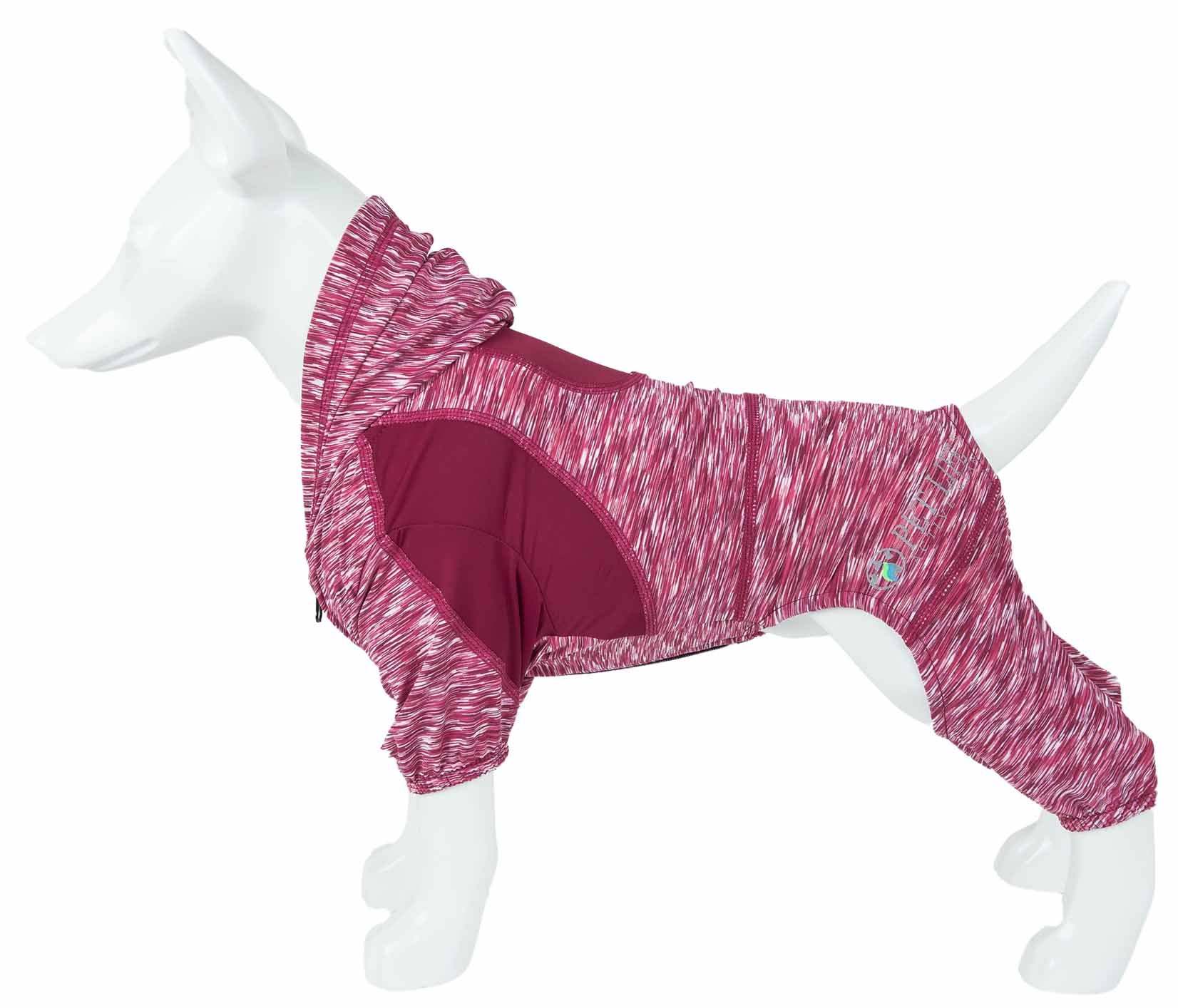 Pet full-body warm-up hoodie in heathered pink on dog mannequin, open chest lining