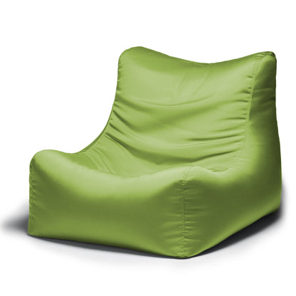 Lime outdoor bean bag chair with curved back and armrests