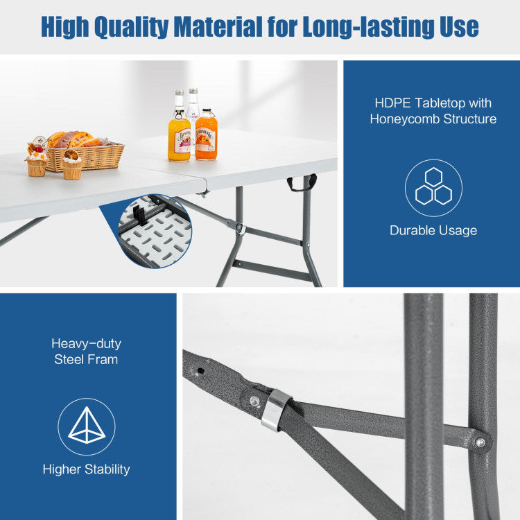 White HDPE tabletop folding camping table with durable gray steel frame