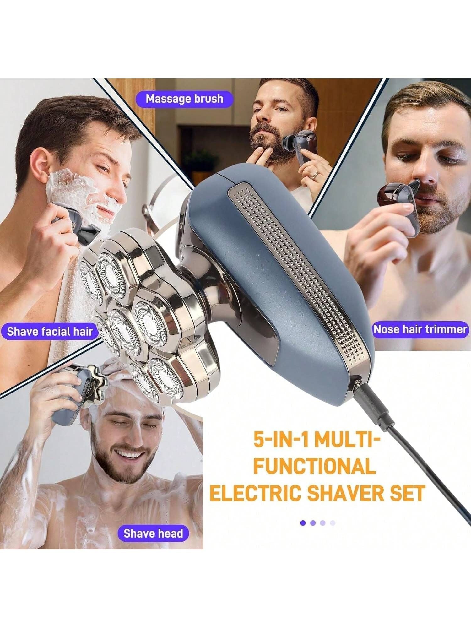 5-in-1 electric shaver set with rotary head, nose trimmer, and facial brush