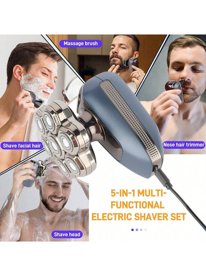 5-in-1 electric shaver set with rotary head, nose trimmer, and facial brush