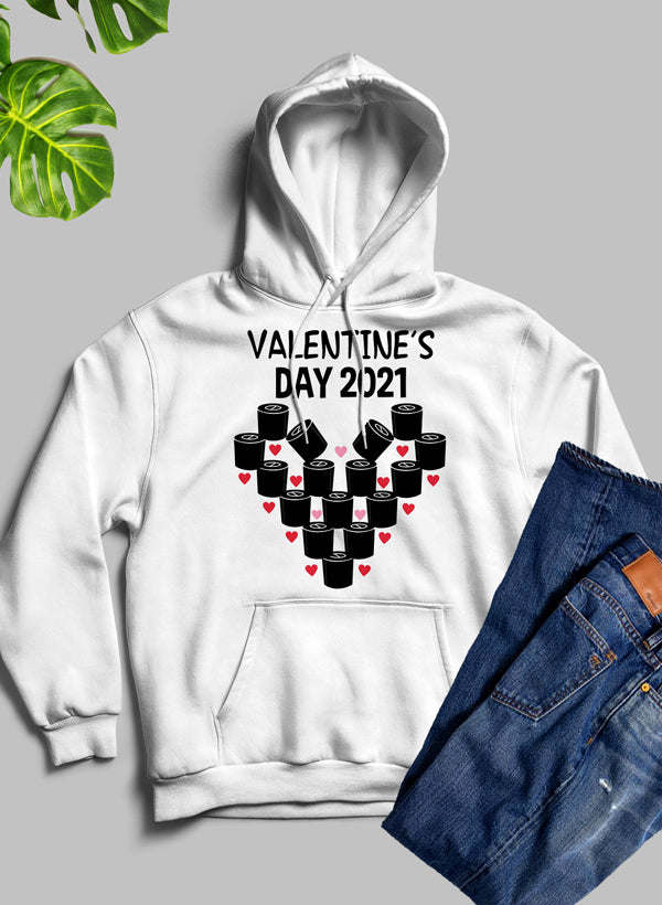 White hoodie with heart mugs graphic and "Valentine's Day 2021" text