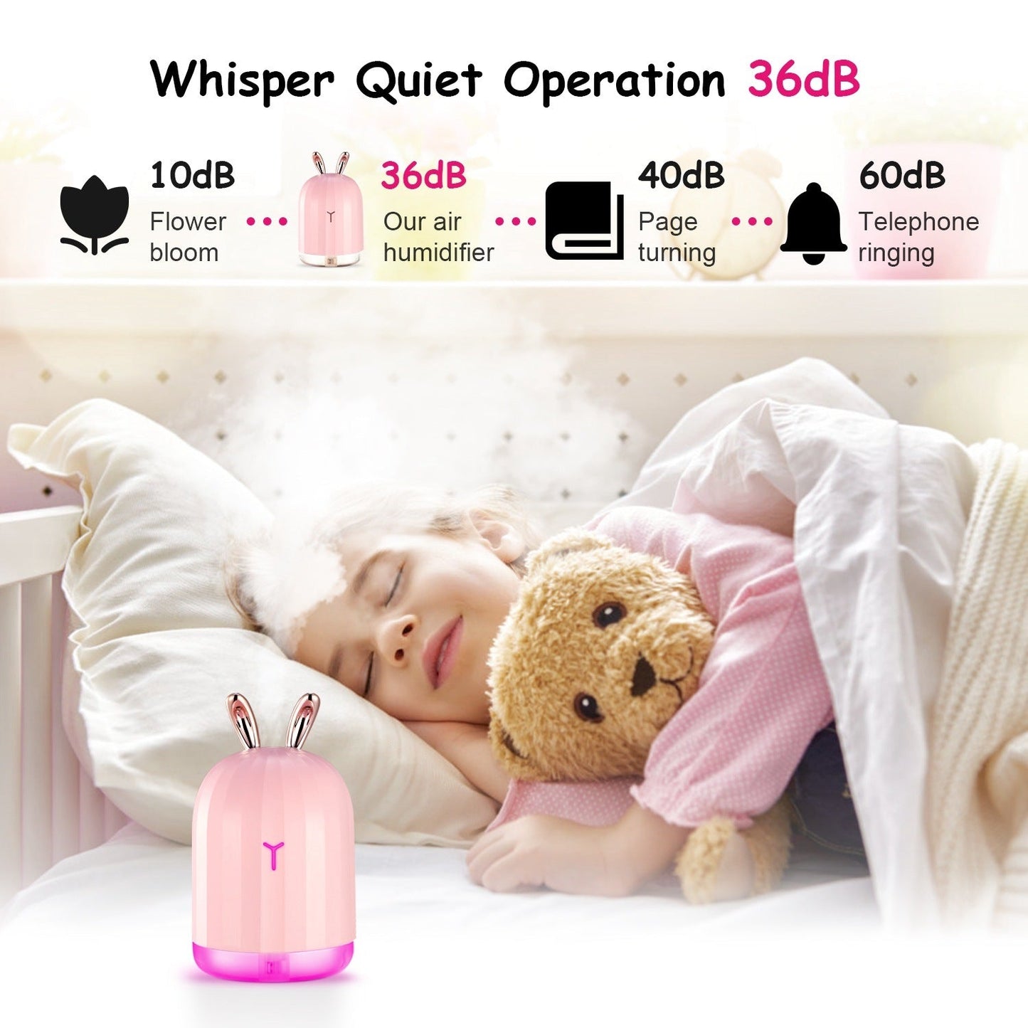 Pink bunny cool mist humidifier emitting mist with purple glowing base light