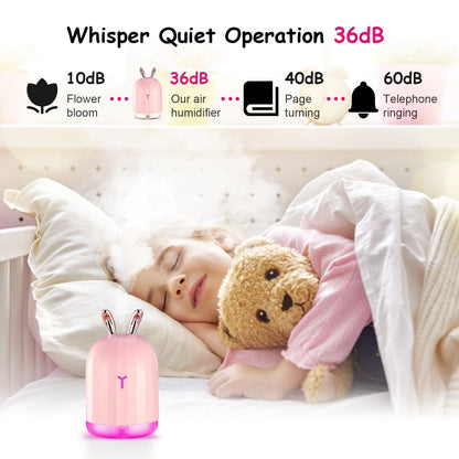 Pink bunny cool mist humidifier emitting mist with purple glowing base light