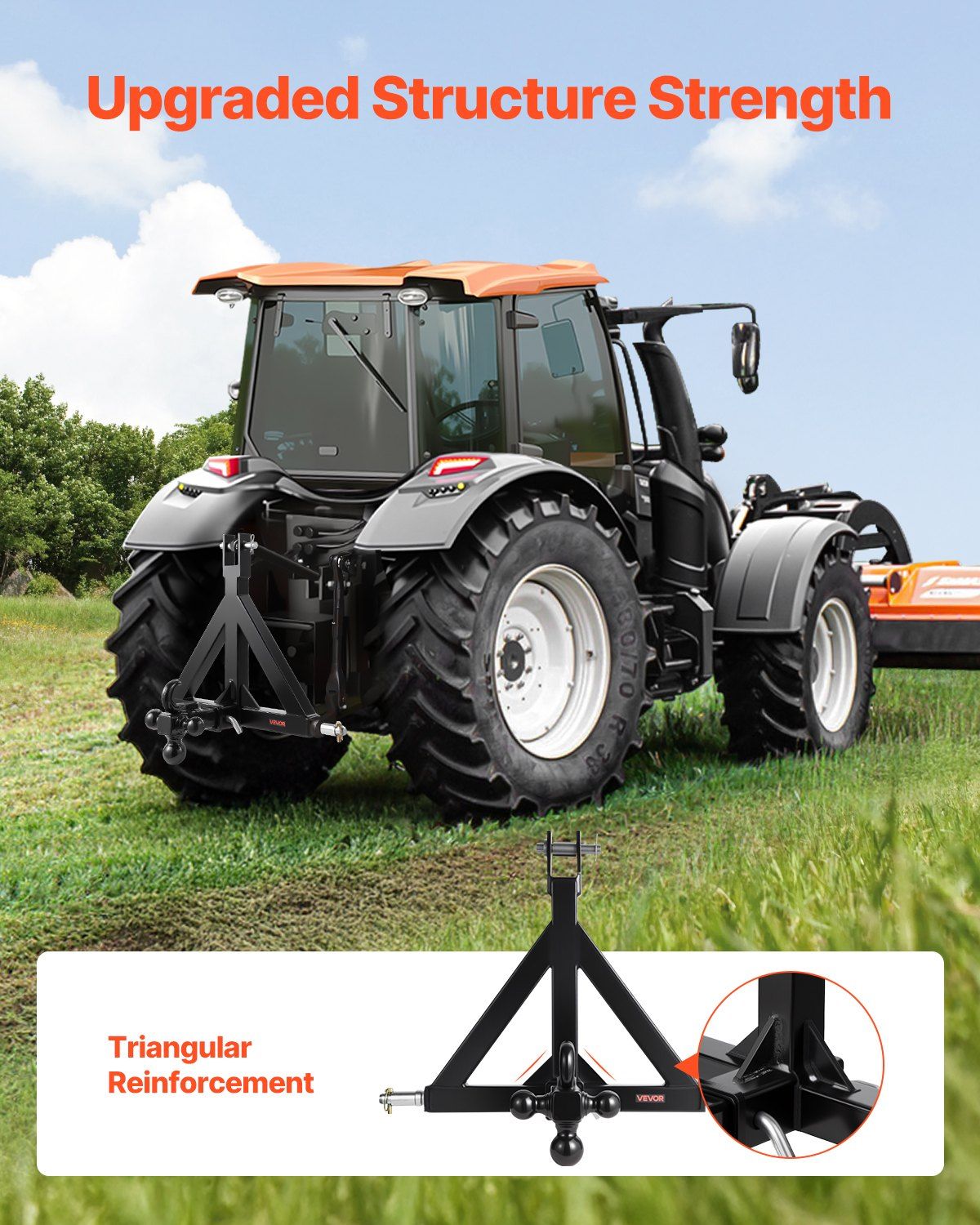 3-point trailer hitch attachment with triangular reinforcement and receiver