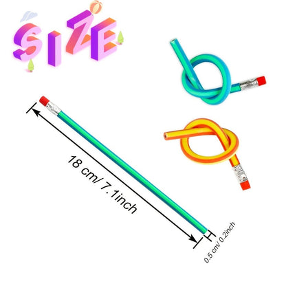 Flexible striped soft pencil in green with red eraser, shown with size markings