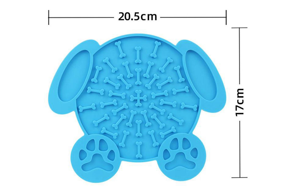 Blue bone-shaped dog lick mat with paw-print feet and raised bone-like ridge grid