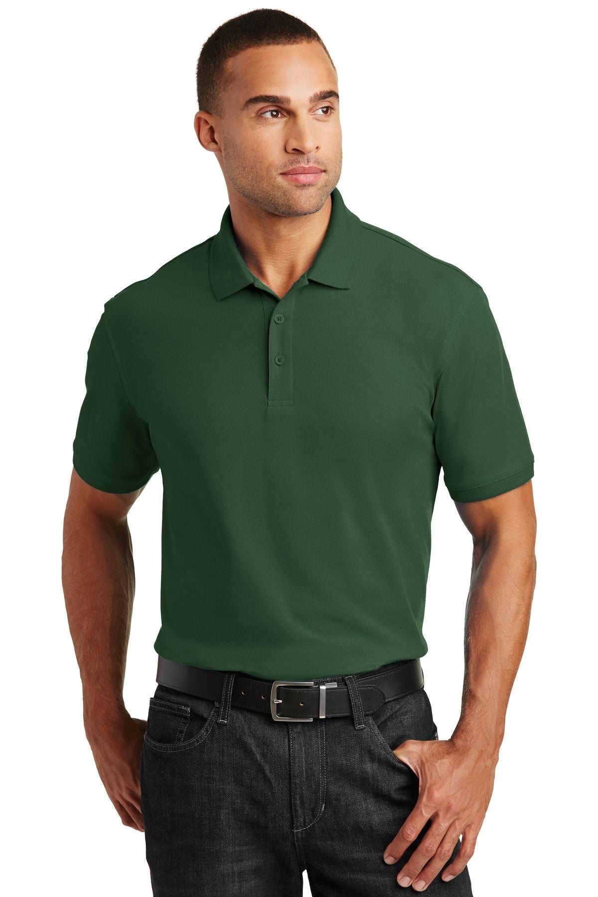 Men's pique polo shirt in deep green, short sleeves and button placket