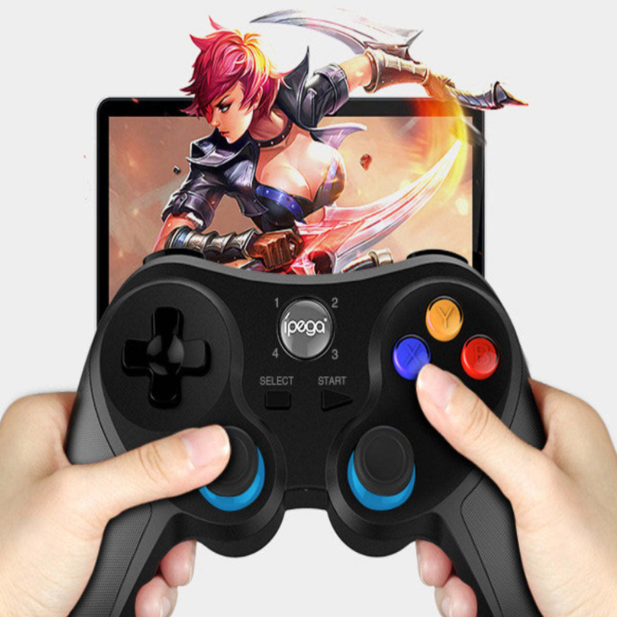 Black ipega game controller held by hands with blue analog sticks and colored buttons