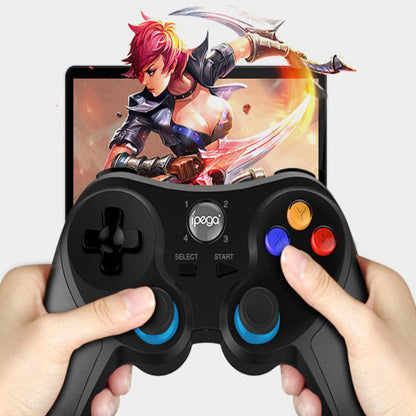 Black ipega game controller held by hands with blue analog sticks and colored buttons