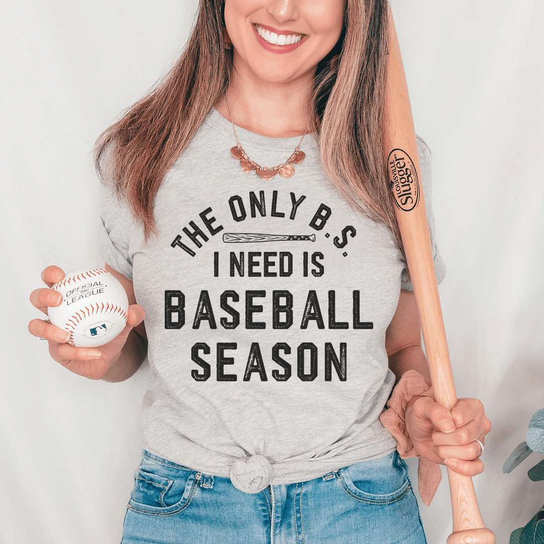 Heather gray crew-neck T-shirt with baseball season text graphic, short sleeves