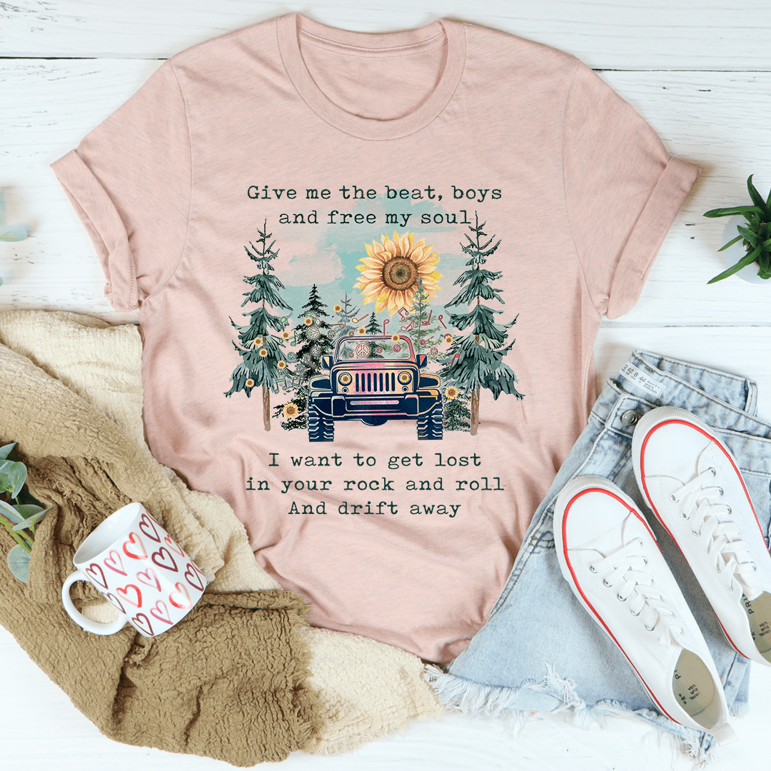 Dusty pink boho Jeep T-shirt with blue jeep, forest trees, sun graphic and song lyrics