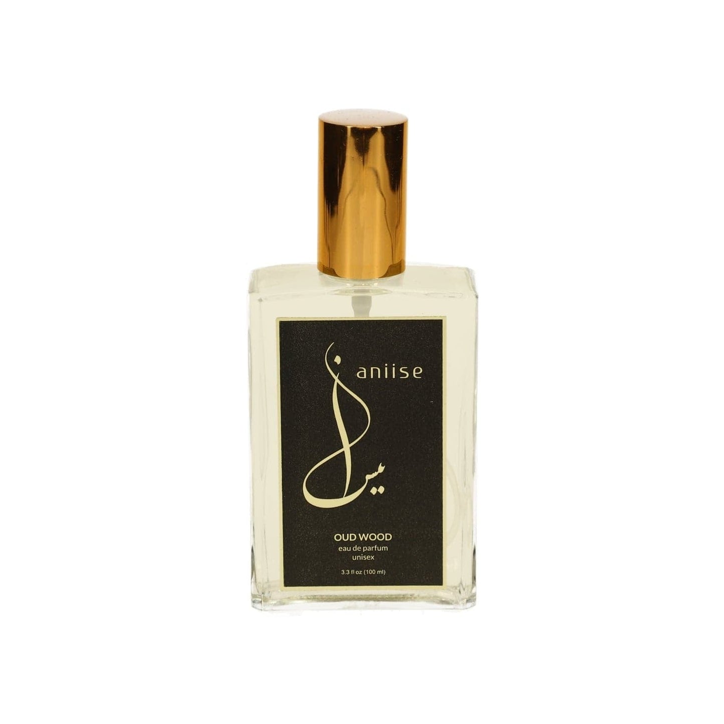Eau de parfum spray bottle with clear glass, black label and gold cap
