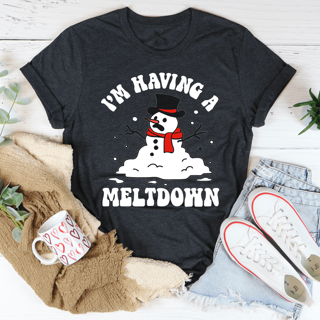 Dark heather T-shirt with snowman graphic and bold “MELTDOWN” lettering