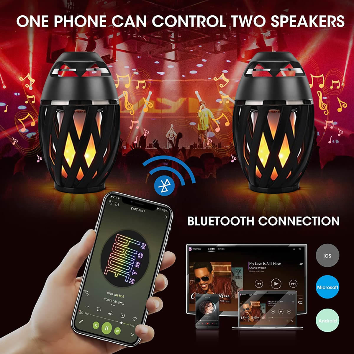 Outdoor LED torch speakers with glowing amber flame-pattern, controlled by smartphone via Bluetooth.