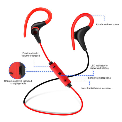 Red and black sport in-ear headphones with charging control pod and microphone