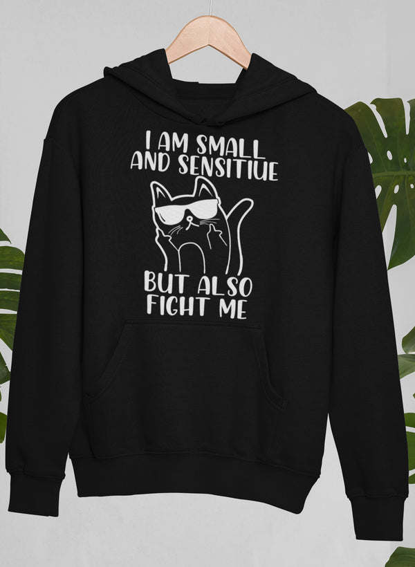 Black hoodie with front pocket, hood, and cat graphic with 'FIGHT ME' text.