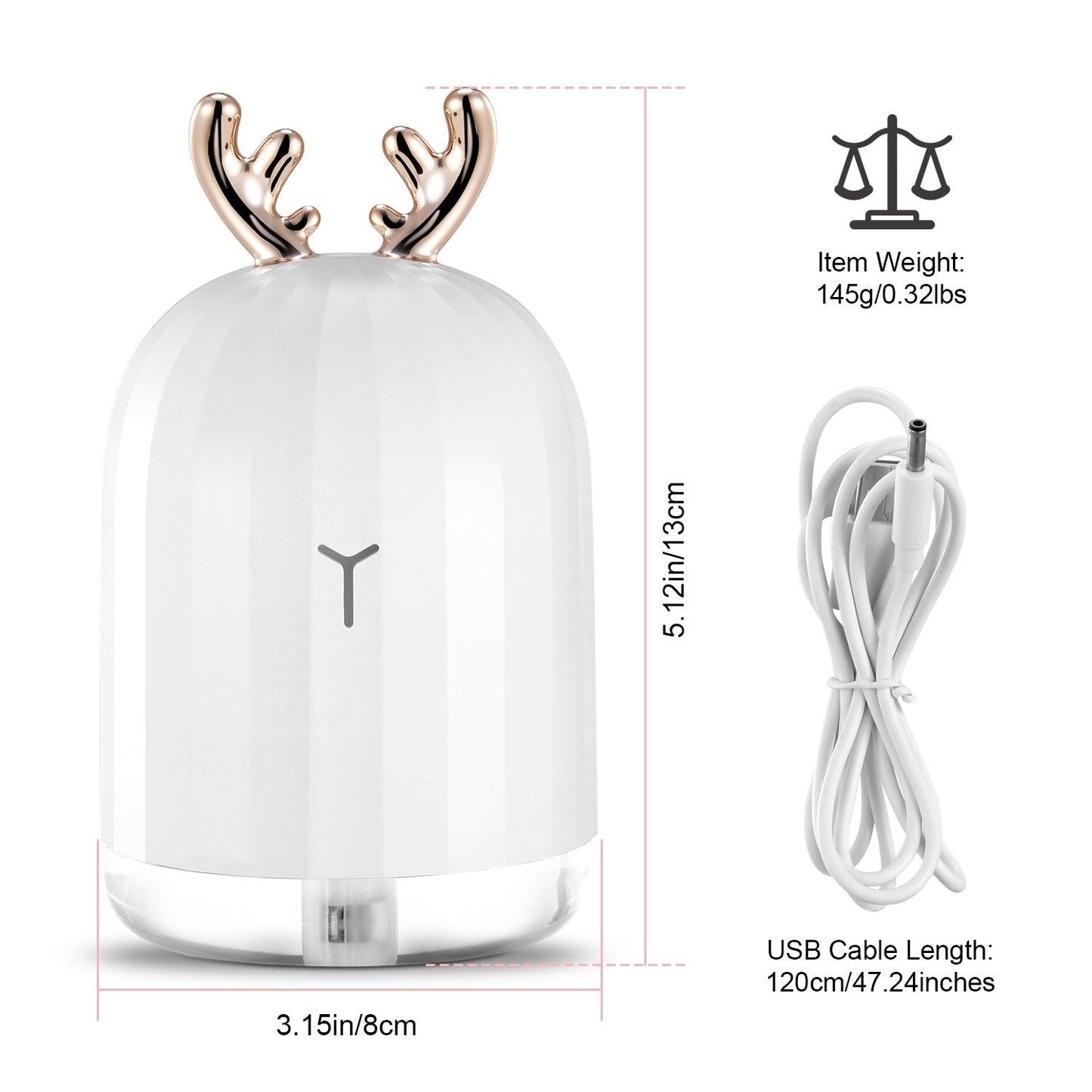 White deer-antler humidifier with size markers and visible USB cable