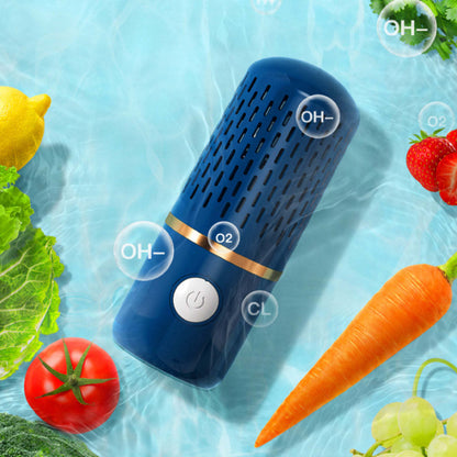 Ultrasonic fruits and veggie cleaner, blue handheld unit floating with produce around