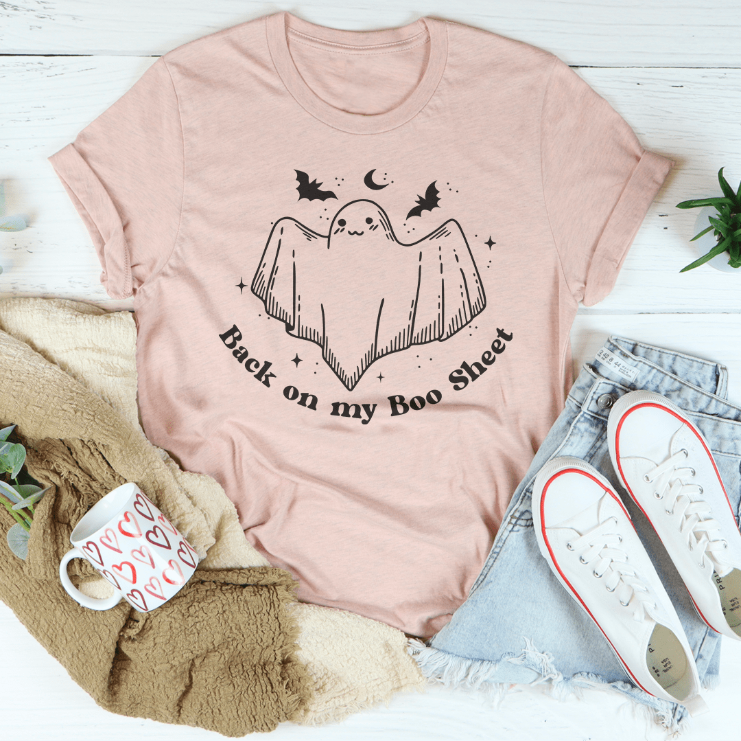 Dusty pink crew-neck T-shirt with black ghost and sheet graphic