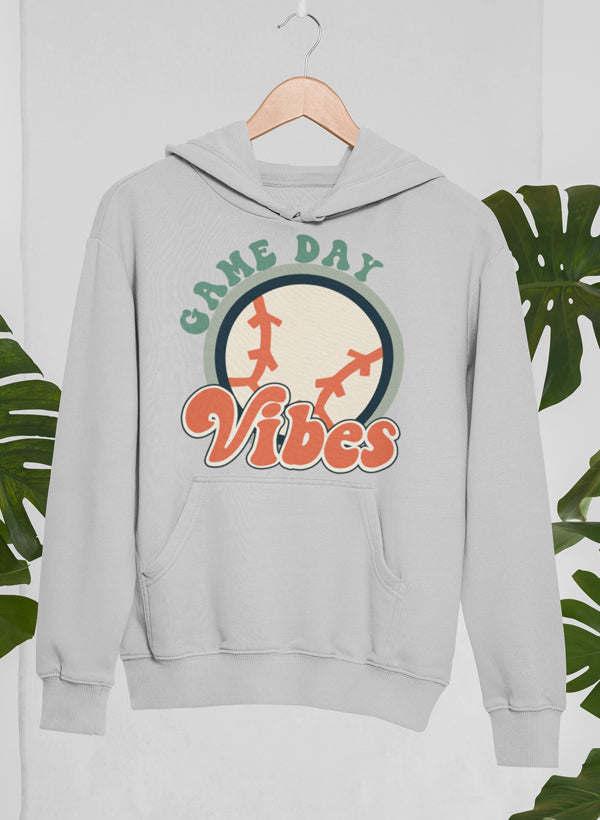 Gray hoodie with front 'Game Day Vibes' graphic, hood and pocket