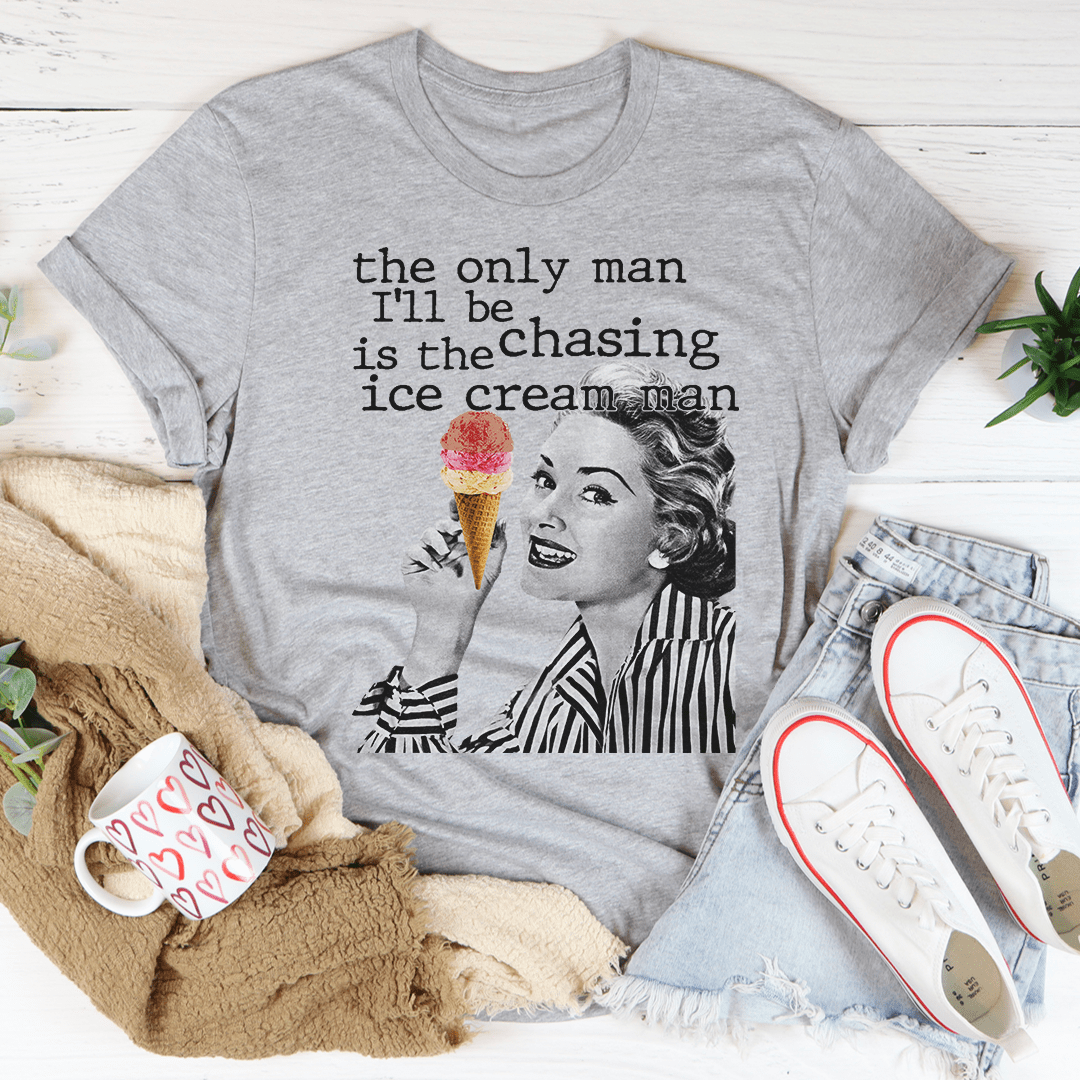 Heather gray graphic T-shirt with woman holding ice cream and slogan on front