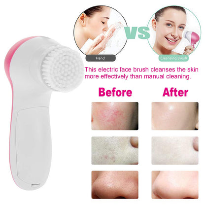 Pink-and-white electric face cleansing brush with spinning round bristle head