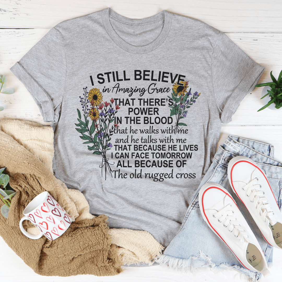 Heather gray crew-neck T-shirt with floral cross and inspirational text graphic