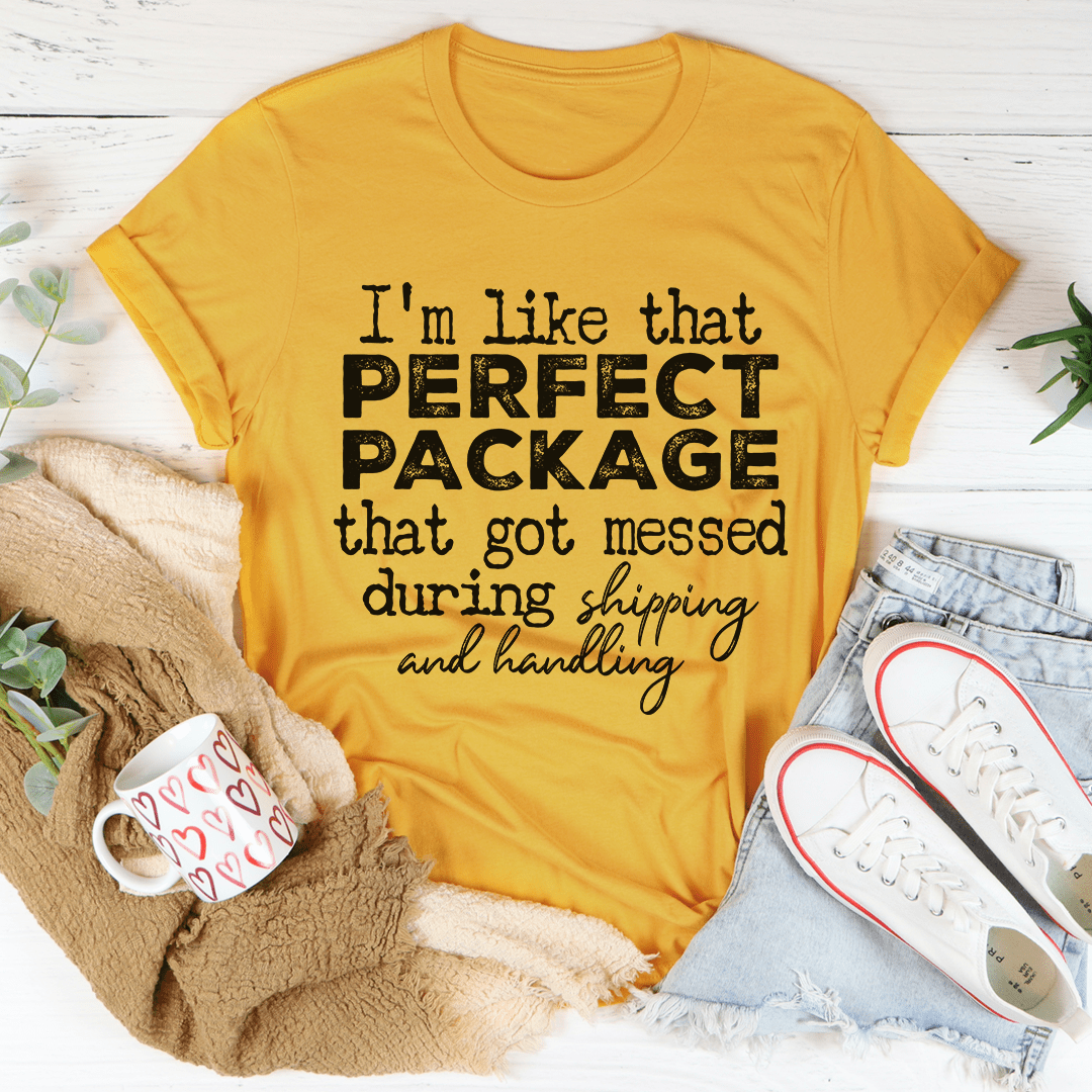 Mustard graphic T-shirt with “Perfect Package” shipping and handling text on front