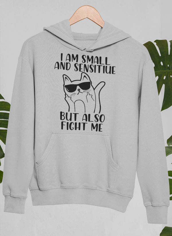 Light gray hoodie with front pocket, hood, and cat graphic with 'FIGHT ME' text.