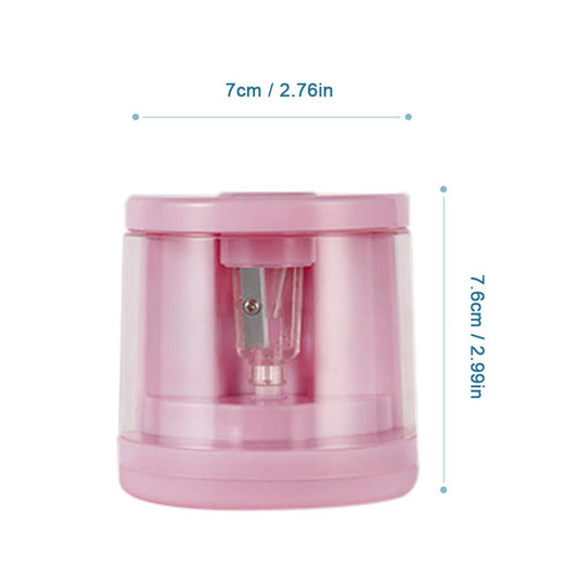 Pink automatic electric pencil sharpener with transparent chamber and metal blade