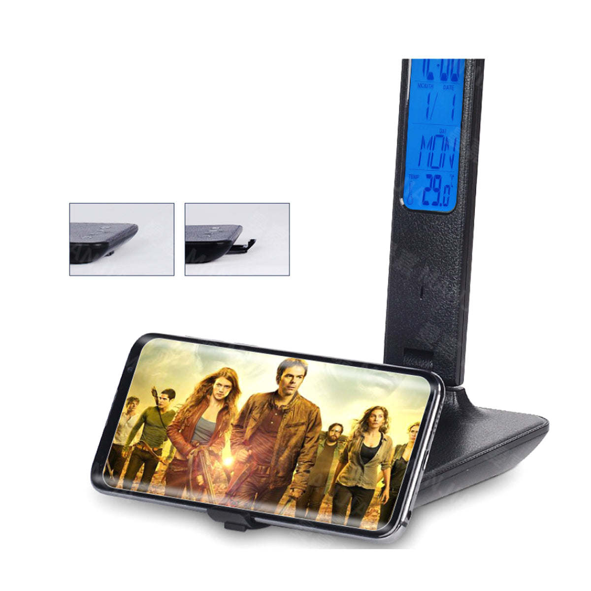 Black desk lamp with phone on charging pad playing video