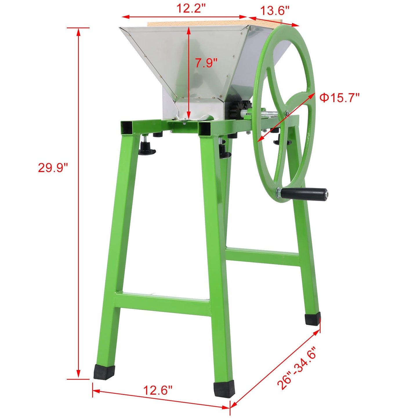Green manual fruit juicer grinder with size diagram and crank handle
