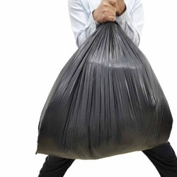 Black large trash bag, held open for loading waste.