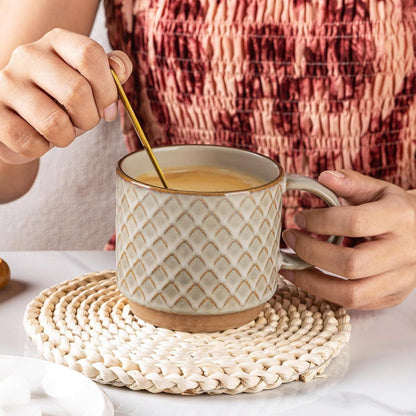 12OZ Stackable Coffee Mugs, Ceramic Coffee Mugs with Texture Patterns for Man,Woman,Dad,Mom, Modern Coffee Mugs Set of 4 for Latte/Cappuccino/Cocoa. Dishwasher&Microwave Safe, Pale Khaki